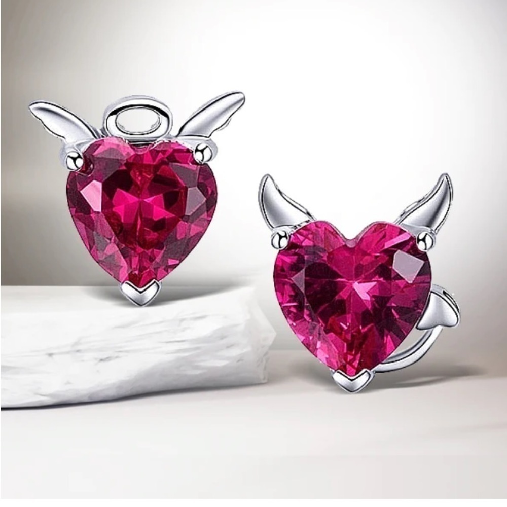 Bamoer 925 Sterling Silver Angel and Devil Pink Cubic Zirconia Heart Earrings
